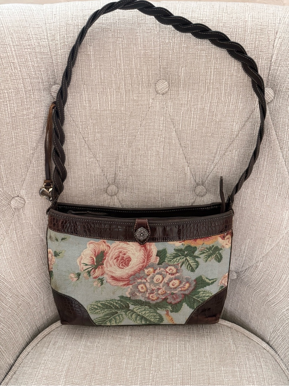 BRIGHTON Floral Tapestry Shoulder Bag with Brown Leather Trim